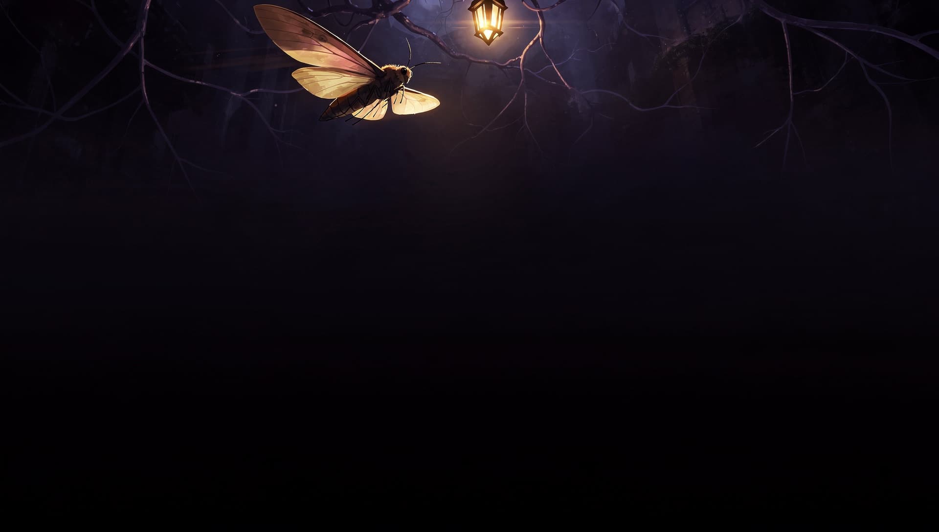 A moth flying toward a hanging lantern
