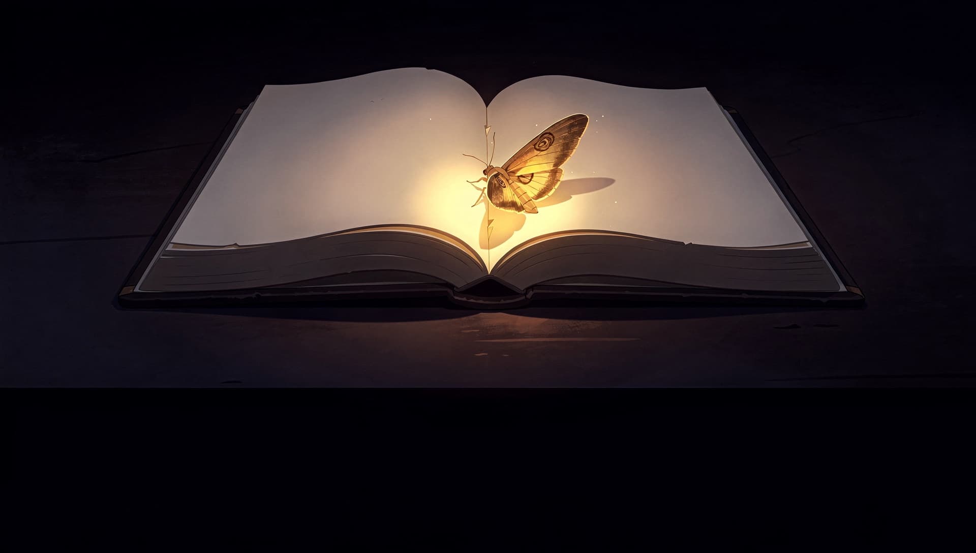 An open notebook glowing with light, a moth resting on its pages