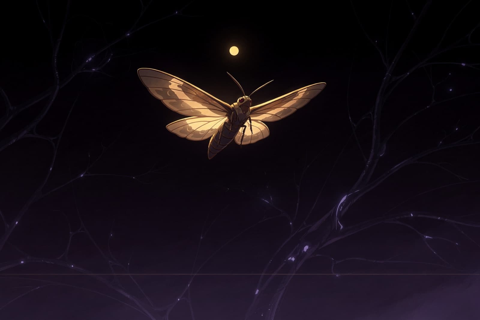 A moth in flight, drawn toward a single point of light