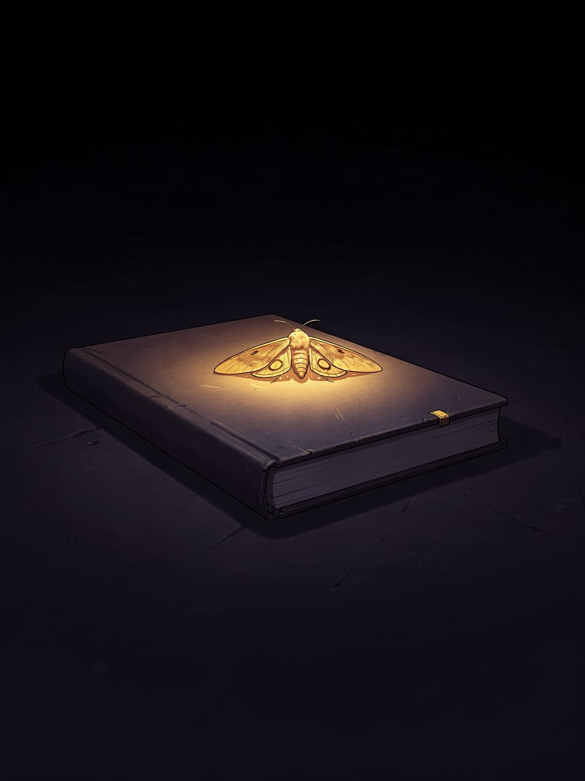 A moth landed on a closed notebook, the only light in the room