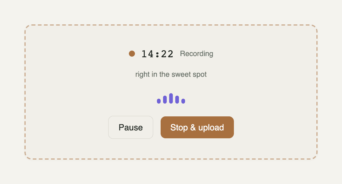 Recording a session directly in the browser, with a live mic level meter