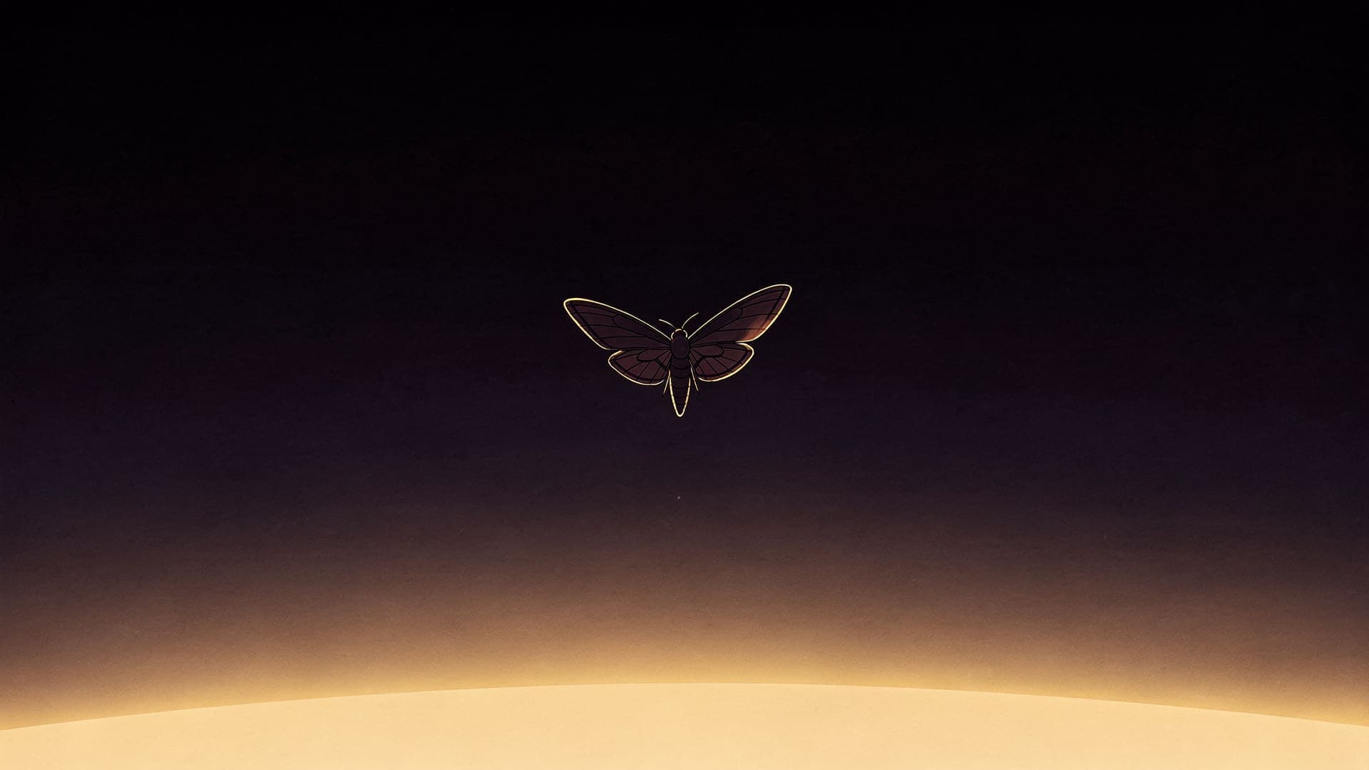 A moth flying onward through the dark, toward a distant horizon of light