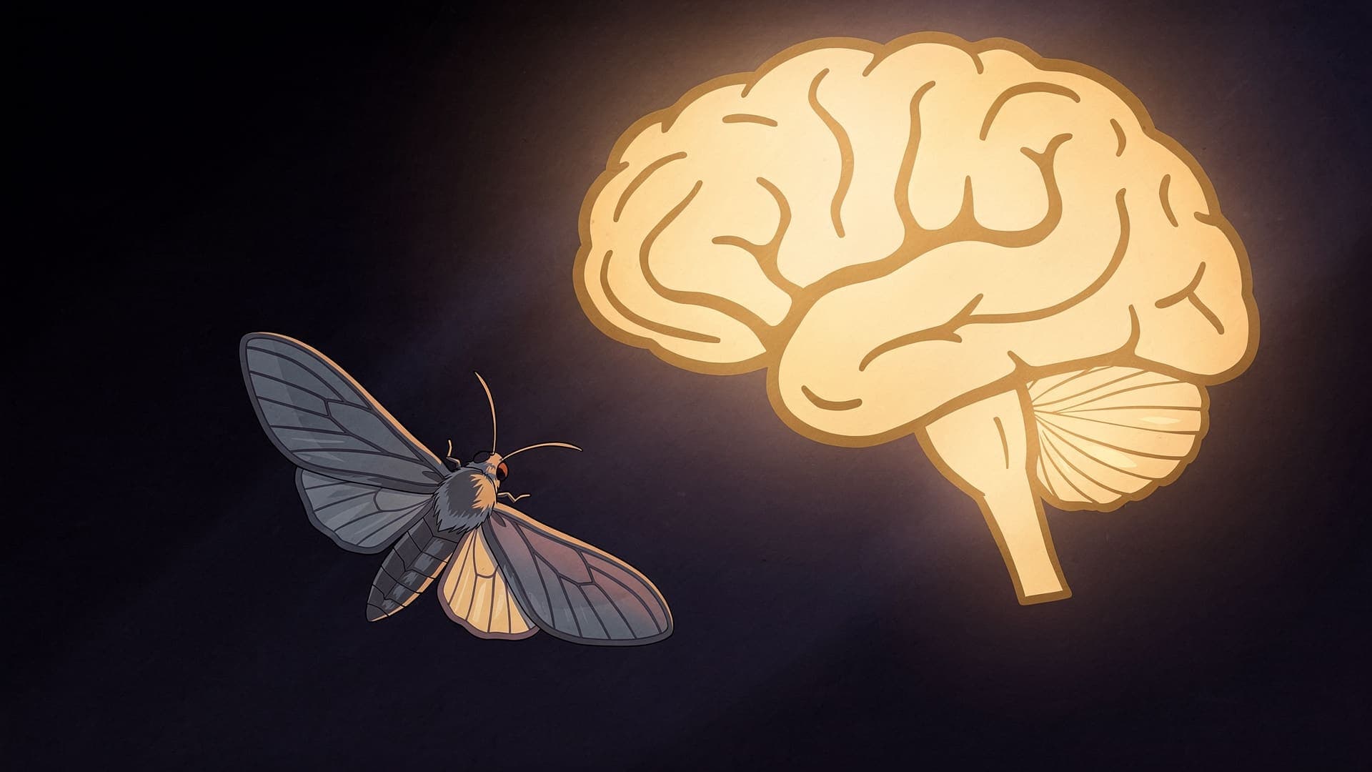 A moth in flight, approaching a large brain glowing softly from within